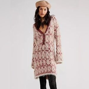 Free People Long Sleeve Knit Dress - Cream and Brown